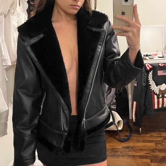 Black Aviator Leather Fur Trim Coat - Picture 1 of 7